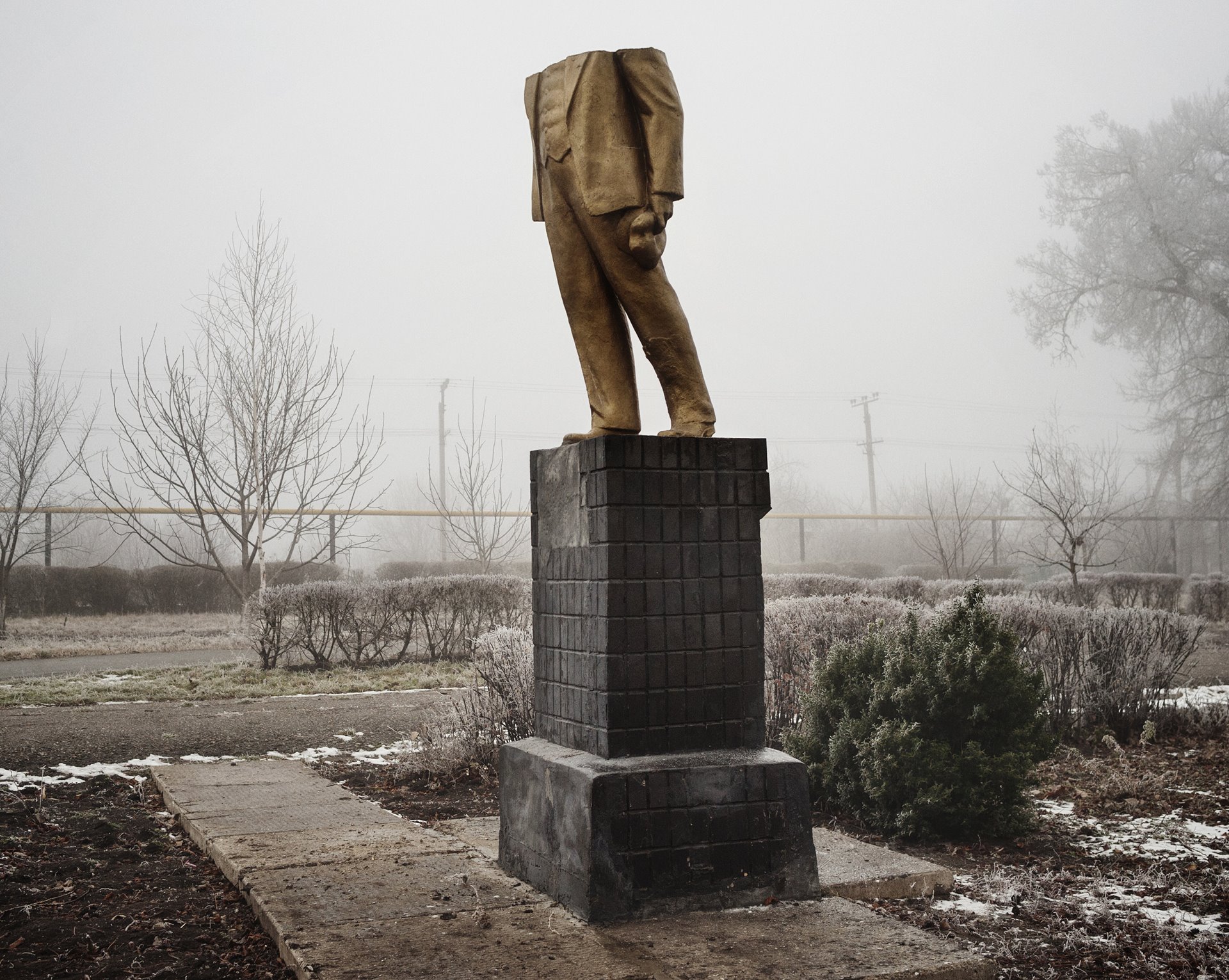 A decapitated statue of Lenin stands in Cheminots Park, Kotovsk, Ukraine, on 19 December 2013. The statue was destroyed by ultra-nationalists on the night of 8&ndash;9 December.